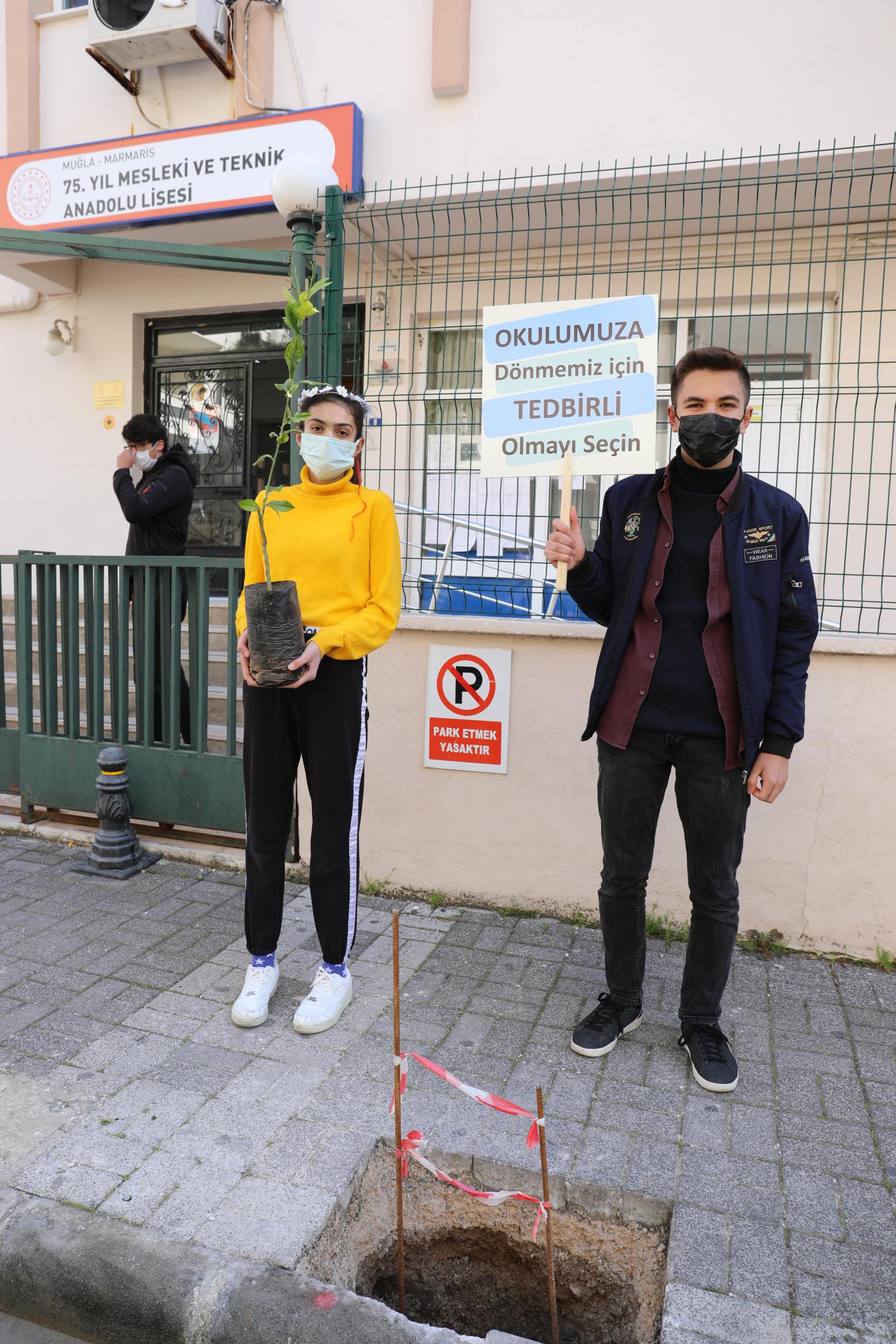 öğrenciler okullarının sokağına limon fidanları dikti