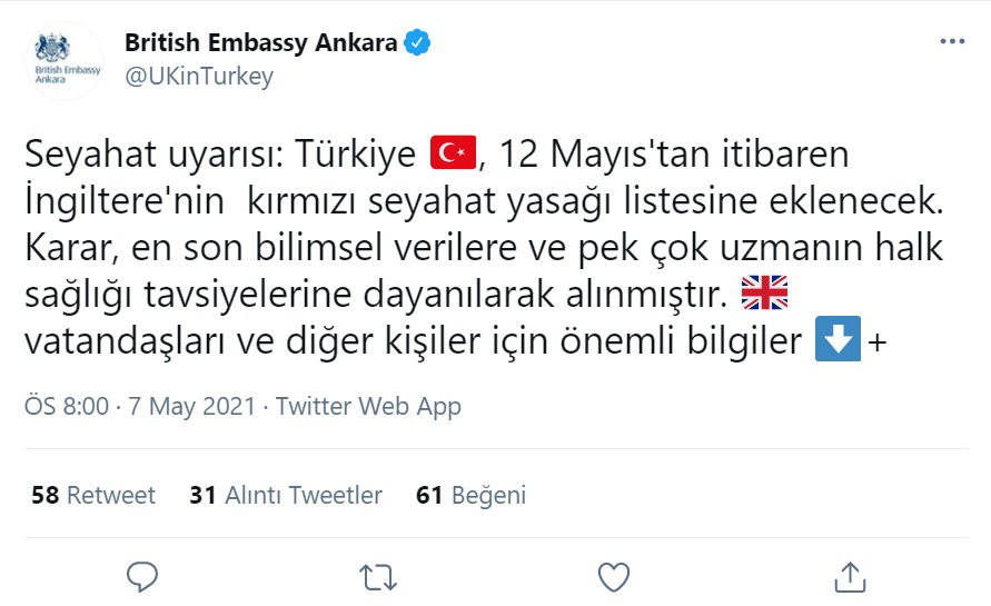 İNGİLTERE TÜRKİYE’Yİ KIRMIZI LİSTEYE ALDI