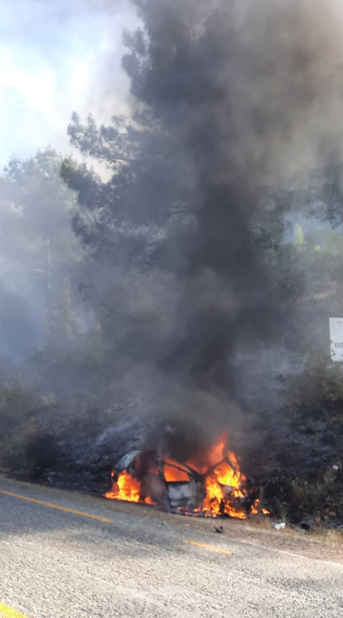 kayalıklara çarpan araçta çıkan yangın, ormanlık alana sıçradı