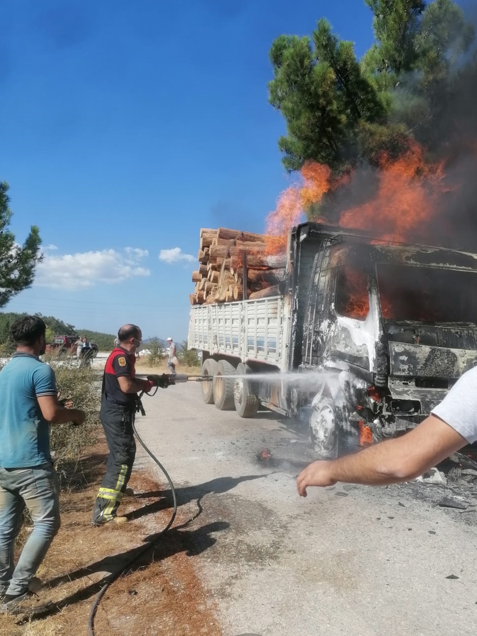 Muğla'da tomruk yüklü kamyon yandı