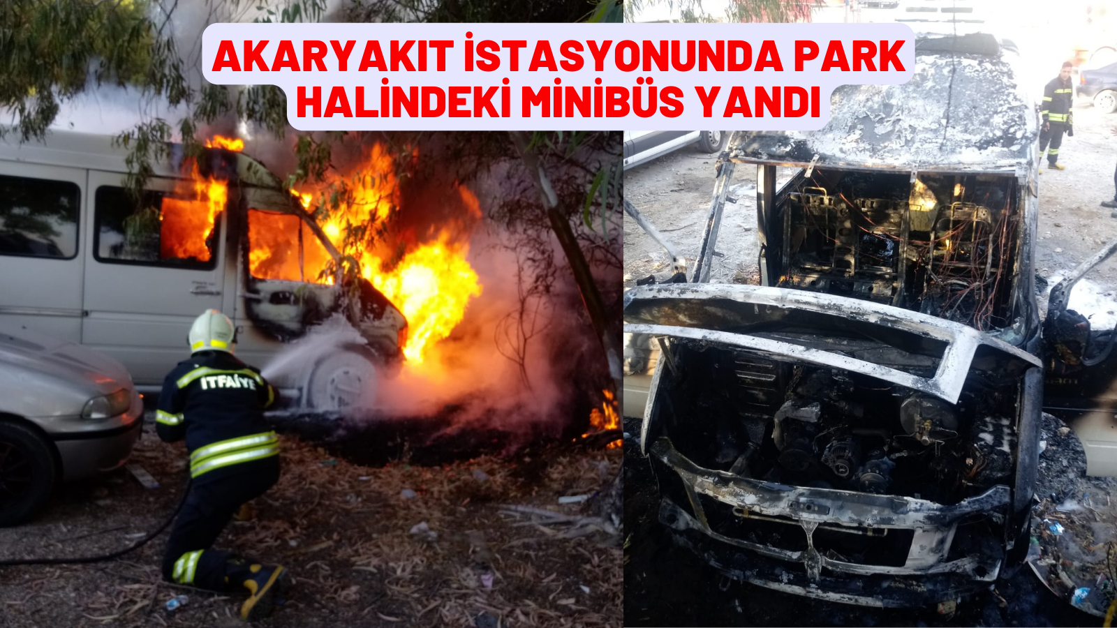 Akaryakıt istasyonunda park halindeki minibüs yandı