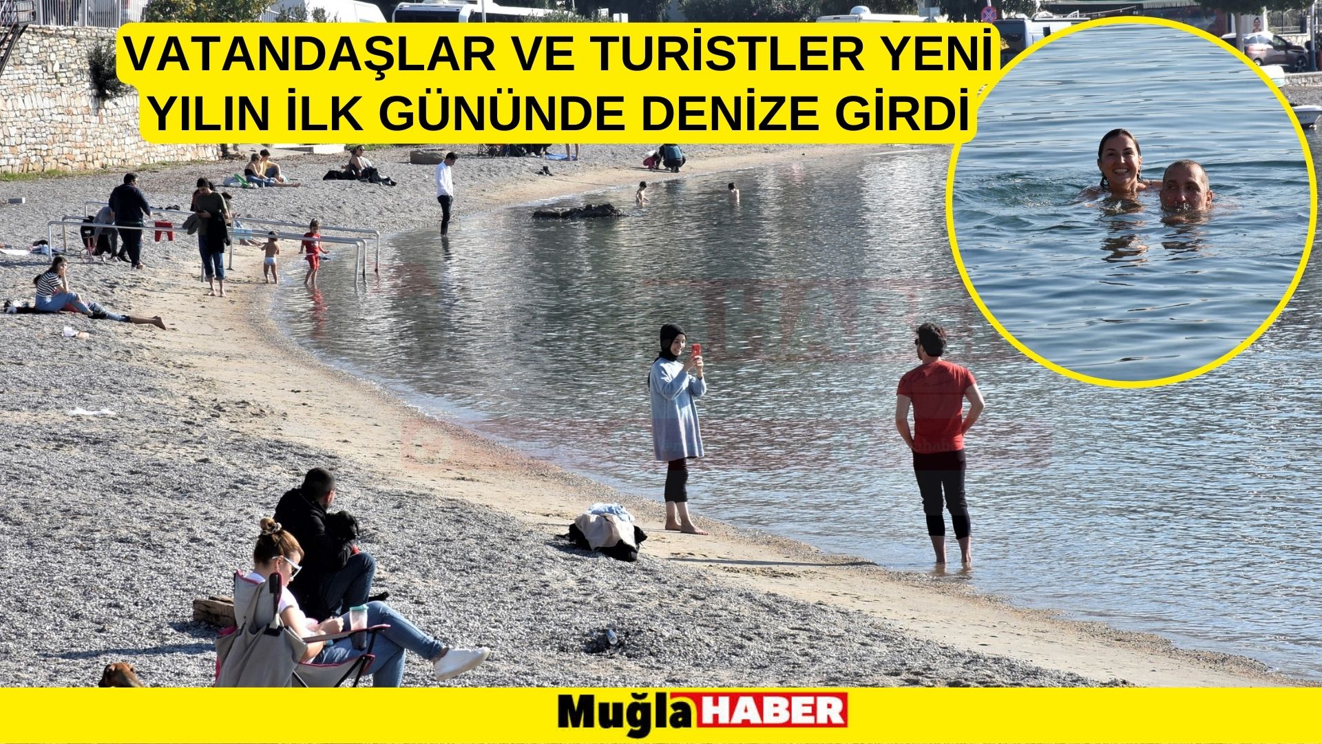 Muğla'da vatandaşlar ve turistler yeni yılın ilk gününde denize girdi