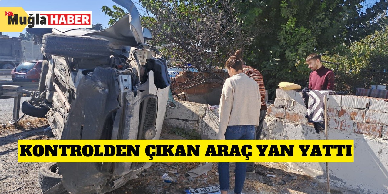 Kontrolden çıkan araç yan yattı