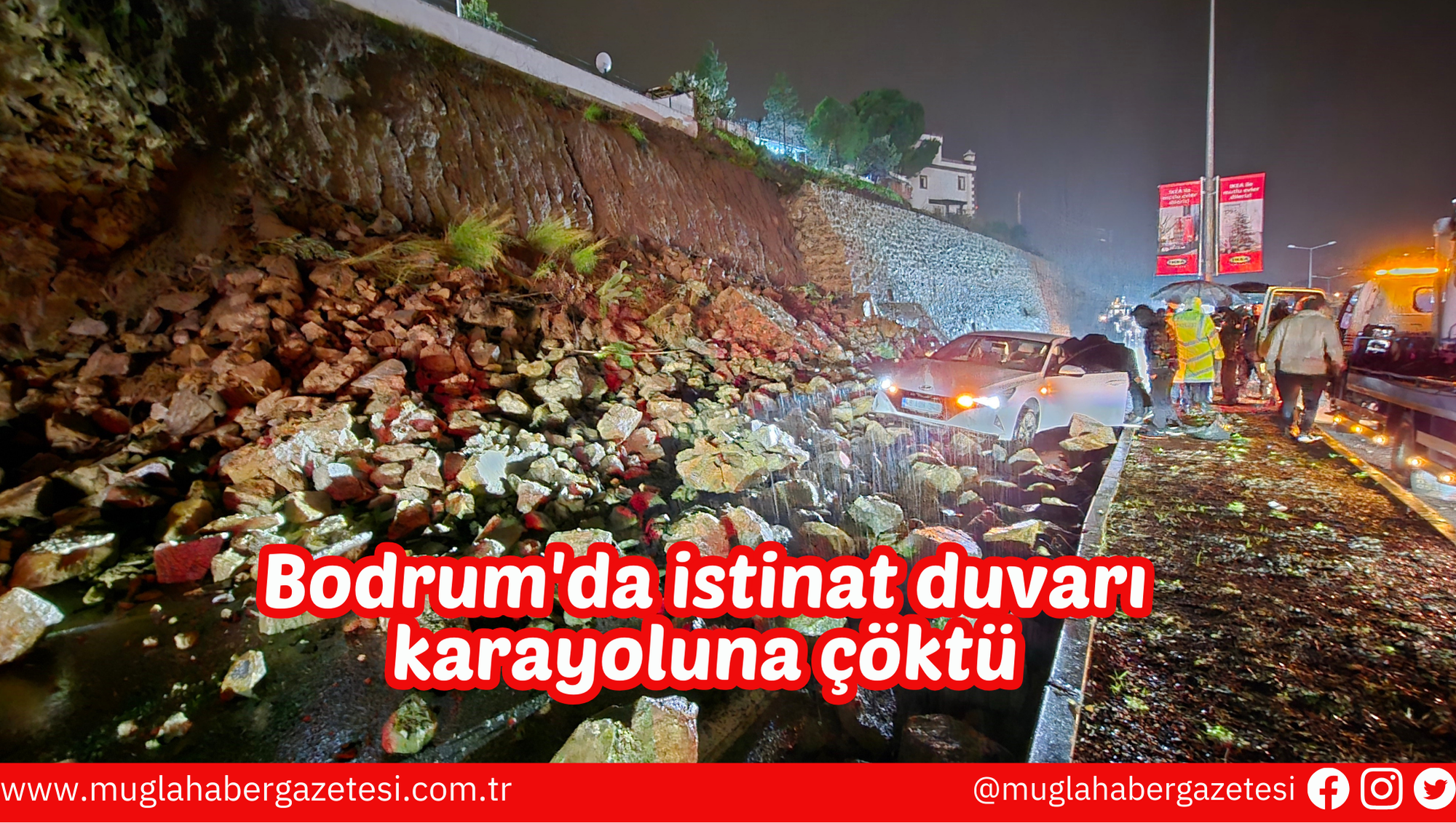 Bodrum'da istinat duvarı karayoluna çöktü